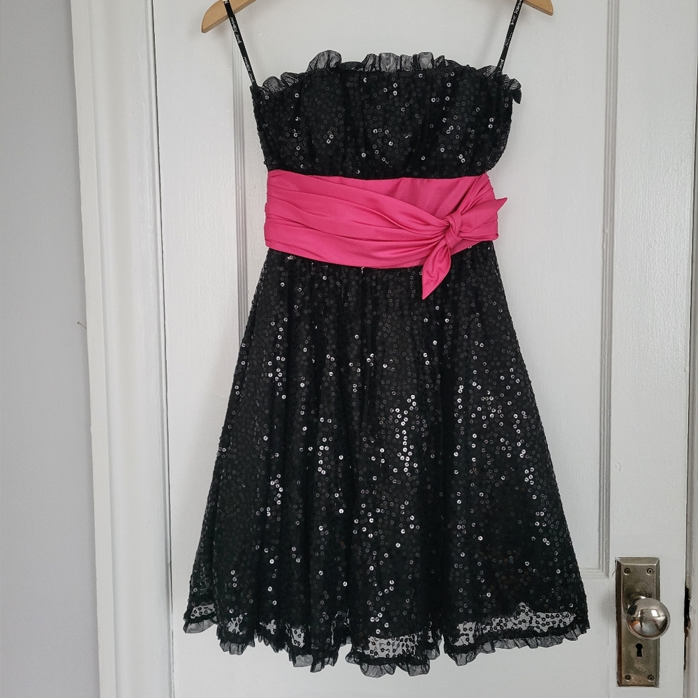 Betsey Johnson Black Sequin Dress with Hot Pink Sash Like New Size 2